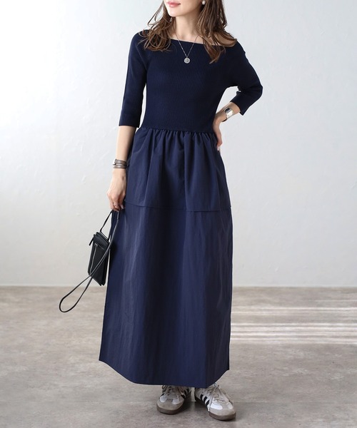 ワンピース Bonjour セール】異素材切り替えニットワンピース（ワンピース）｜Bonjour