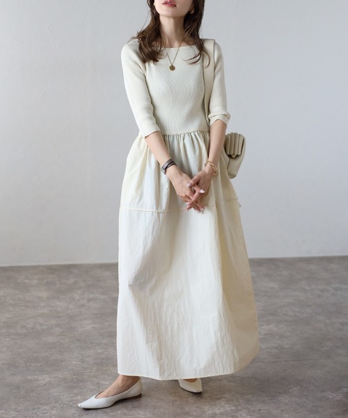 セール】スクエアネックニットコンビコクーンワンピース（ワンピース