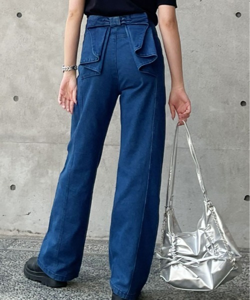 kirakiraShop(キラキラショップ)の「バック リボン ハイウエスト デニム ワイドパンツ(デニムパンツ・レディース・ブルー・L/M/S)」の1枚目の写真