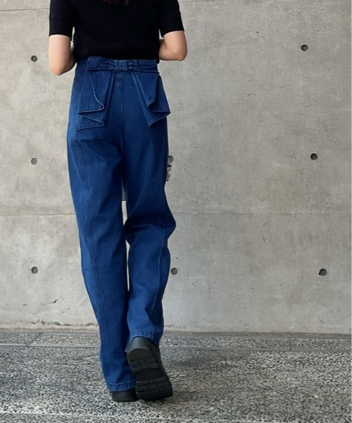 kirakiraShop(キラキラショップ)の「バック リボン ハイウエスト デニム ワイドパンツ(デニムパンツ・レディース・ブルー・L/M/S)」の3枚目の写真