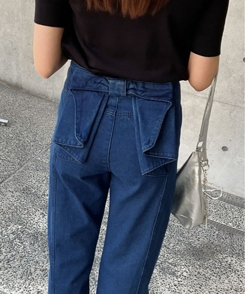 kirakiraShop(キラキラショップ)の「バック リボン ハイウエスト デニム ワイドパンツ(デニムパンツ・レディース・ブルー・L/M/S)」の6枚目の写真