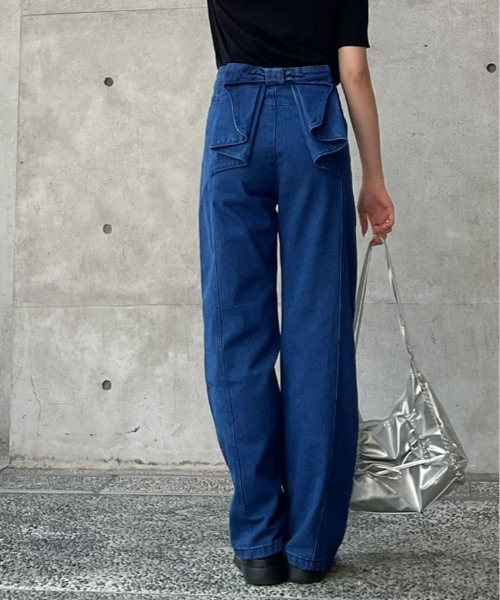 kirakiraShop(キラキラショップ)の「バック リボン ハイウエスト デニム ワイドパンツ(デニムパンツ・レディース・ブルー・L/M/S)」の5枚目の写真