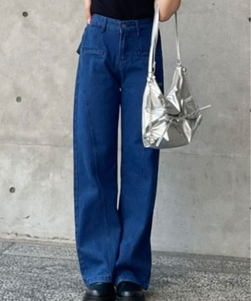 kirakiraShop(キラキラショップ)の「バック リボン ハイウエスト デニム ワイドパンツ(デニムパンツ・レディース・ブルー・L/M/S)」の2枚目の写真