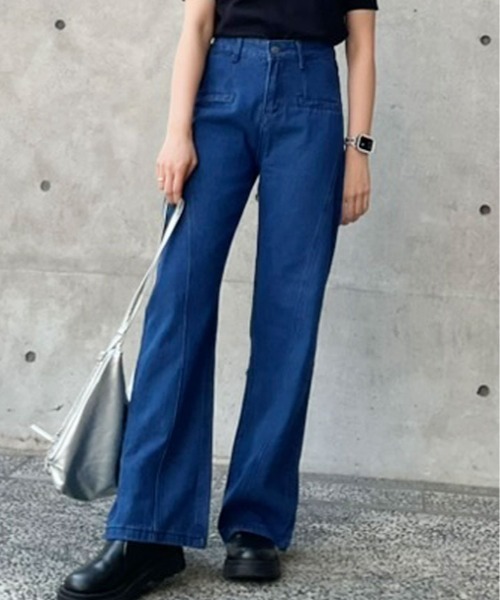 セール】バック リボン ハイウエスト デニム ワイドパンツ（デニム