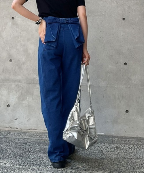 kirakiraShop(キラキラショップ)の「バック リボン ハイウエスト デニム ワイドパンツ(デニムパンツ・レディース・ブルー・L/M/S)」の15枚目の写真