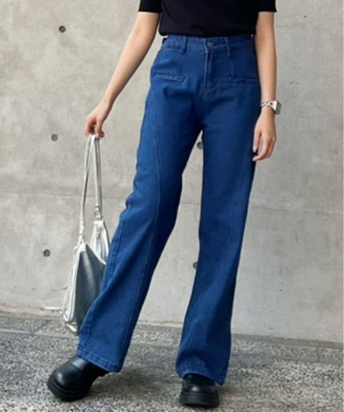 セール】バック リボン ハイウエスト デニム ワイドパンツ（デニム