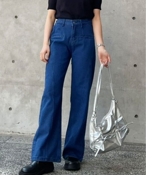 セール】バック リボン ハイウエスト デニム ワイドパンツ（デニム