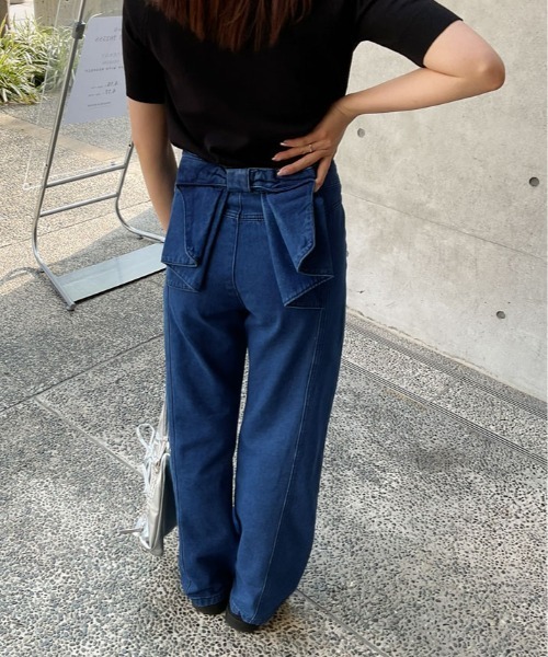 セール】バック リボン ハイウエスト デニム ワイドパンツ（デニム