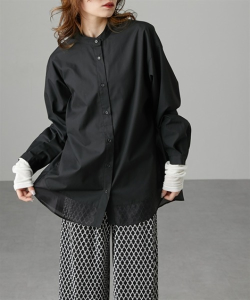 Soiunique（スワユニーク）の「裾シアー切替ゆったりサイズロング丈シャツ［Soiunique］（シャツ/ブラウス・レディース・ブラック/サックスブルー・LL/M/L）」の3枚目の写真