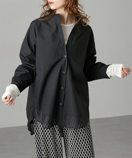 Soiunique（スワユニーク）の「裾シアー切替ゆったりサイズロング丈シャツ［Soiunique］（シャツ/ブラウス・レディース・ブラック/サックスブルー・LL/M/L）」の4枚目の写真