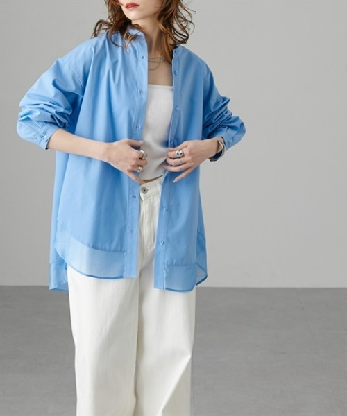 Soiunique（スワユニーク）の「裾シアー切替ゆったりサイズロング丈シャツ［Soiunique］（シャツ/ブラウス・レディース・ブラック/サックスブルー・LL/M/L）」の9枚目の写真