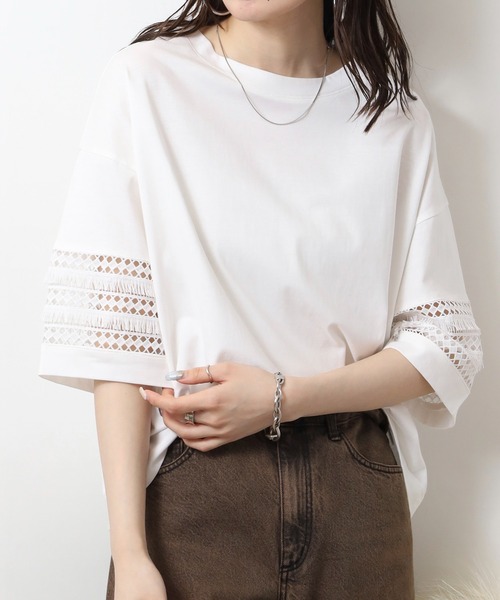 エグランティーヌ EGLANTINE 袖フリンジレース5分袖カットソー （ブラック） セール】EGLANTINE 袖フリンジレース5分袖カットソー（Tシャツ