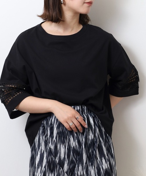 エグランティーヌ EGLANTINE 袖フリンジレース5分袖カットソー （ブラック） セール】EGLANTINE 袖フリンジレース5分袖カットソー（Tシャツ