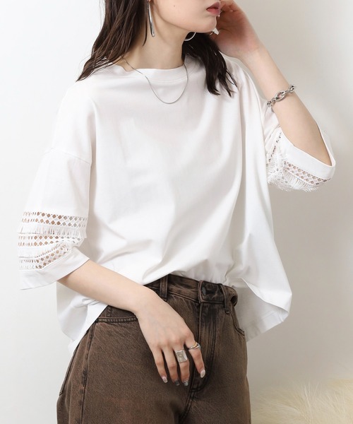 EGLANTINE(エグランティーヌ)の「EGLANTINE 袖フリンジレース5分袖カットソー(Tシャツ/カットソー・レディース・オフホワイト/ブラック/オレンジ/ベージュ・40)」の6枚目の写真