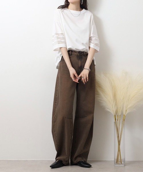 EGLANTINE(エグランティーヌ)の「EGLANTINE 袖フリンジレース5分袖カットソー(Tシャツ/カットソー・レディース・オフホワイト/ブラック/オレンジ/ベージュ・40)」の8枚目の写真