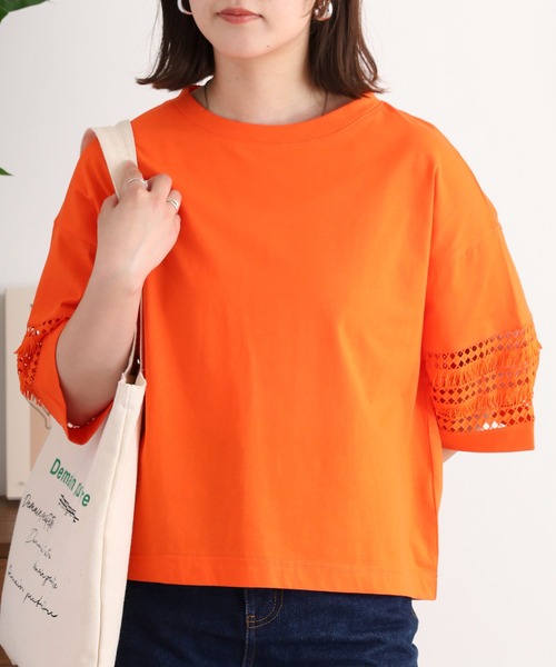 EGLANTINE(エグランティーヌ)の「EGLANTINE 袖フリンジレース5分袖カットソー(Tシャツ/カットソー・レディース・オフホワイト/ブラック/オレンジ/ベージュ・40)」の14枚目の写真