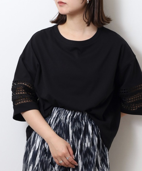 EGLANTINE(エグランティーヌ)の「EGLANTINE 袖フリンジレース5分袖カットソー(Tシャツ/カットソー・レディース・オフホワイト/ブラック/オレンジ/ベージュ・40)」の10枚目の写真