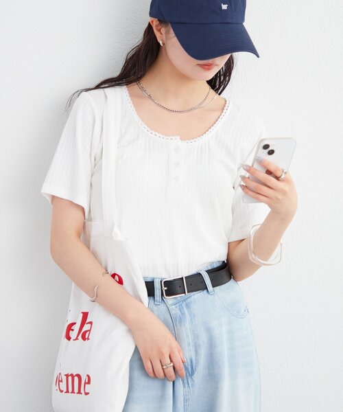 mystic（ミスティック）の「ヘンリー半袖Tシャツ（Tシャツ/カットソー・レディース・イエロー/オフホワイト/ブラック・FREE）」の4枚目の写真