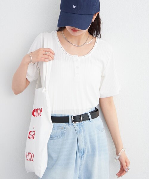 mystic（ミスティック）の「ヘンリー半袖Tシャツ（Tシャツ/カットソー・レディース・イエロー/オフホワイト/ブラック・FREE）」の6枚目の写真