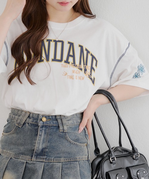 continuer de NICE CLAUP(コンティニューデナイスクラップ)の「ロゴMIX刺繍Tシャツ(Tシャツ/カットソー・レディース・スミクロ/ブルー/オフホワイト/オートミール・FREE)」の7枚目の写真