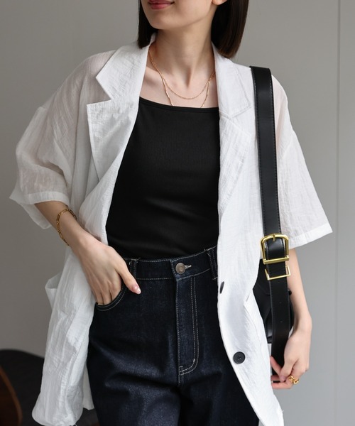 sakishimatokyo（サキシマトーキョー）の「シングルブレスト 半袖サマージャケット/シアーシャツジャケット/ハーフスリーブジャケット（テーラードジャケット・レディース・ホワイト/ブラック/チャコールグレー/ブラウン・FREE）」の17枚目の写真