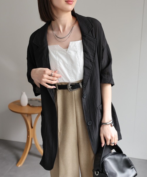 sakishimatokyo（サキシマトーキョー）の「シングルブレスト 半袖サマージャケット/シアーシャツジャケット/ハーフスリーブジャケット（テーラードジャケット・レディース・ホワイト/ブラック/チャコールグレー/ブラウン・FREE）」の6枚目の写真