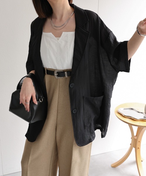 sakishimatokyo（サキシマトーキョー）の「シングルブレスト 半袖サマージャケット/シアーシャツジャケット/ハーフスリーブジャケット（テーラードジャケット・レディース・ホワイト/ブラック/チャコールグレー/ブラウン・FREE）」の12枚目の写真