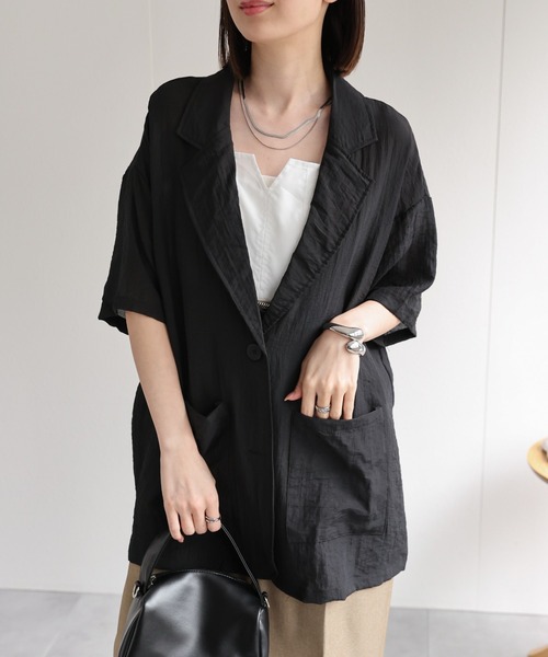 sakishimatokyo（サキシマトーキョー）の「シングルブレスト 半袖サマージャケット/シアーシャツジャケット/ハーフスリーブジャケット（テーラードジャケット・レディース・ホワイト/ブラック/チャコールグレー/ブラウン・FREE）」の7枚目の写真
