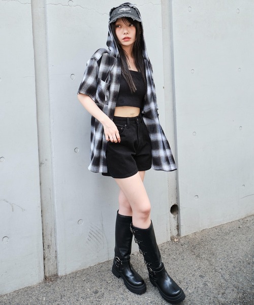 WEGO（ウィゴー）の「WEGO/フードチェックBIGシャツ（シャツ/ブラウス・レディース・ネイビー/ブラック/レッド・FREE）」の4枚目の写真