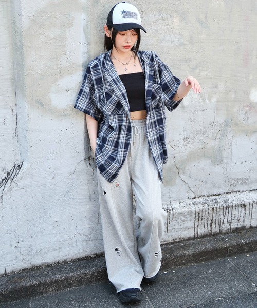 WEGO（ウィゴー）の「WEGO/フードチェックBIGシャツ（シャツ/ブラウス・レディース・ネイビー/ブラック/レッド・FREE）」の5枚目の写真