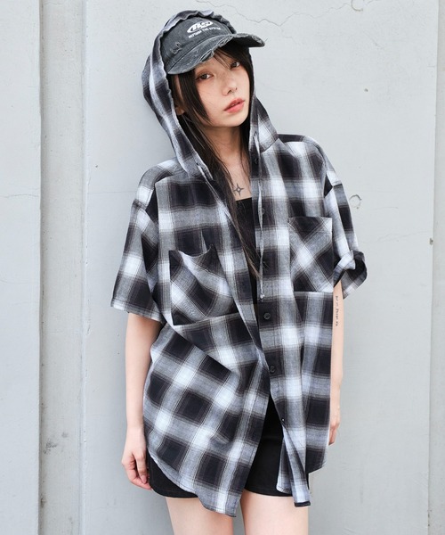 WEGO（ウィゴー）の「WEGO/フードチェックBIGシャツ（シャツ/ブラウス・レディース・ネイビー/ブラック/レッド・FREE）」の10枚目の写真