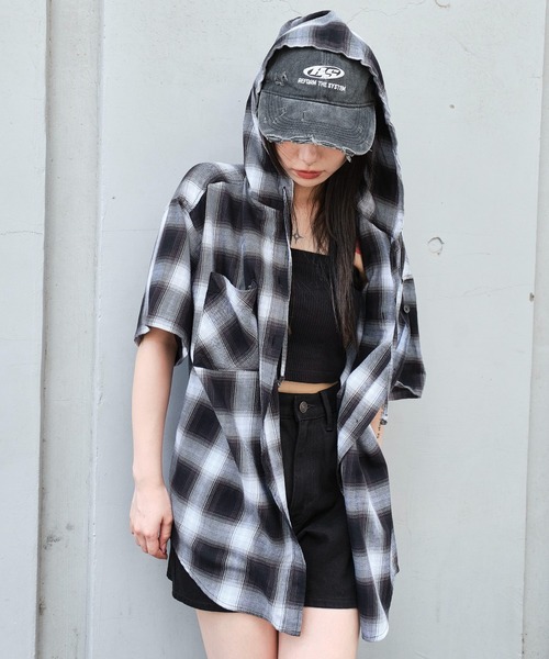 WEGO（ウィゴー）の「WEGO/フードチェックBIGシャツ（シャツ/ブラウス・レディース・ネイビー/ブラック/レッド・FREE）」の11枚目の写真