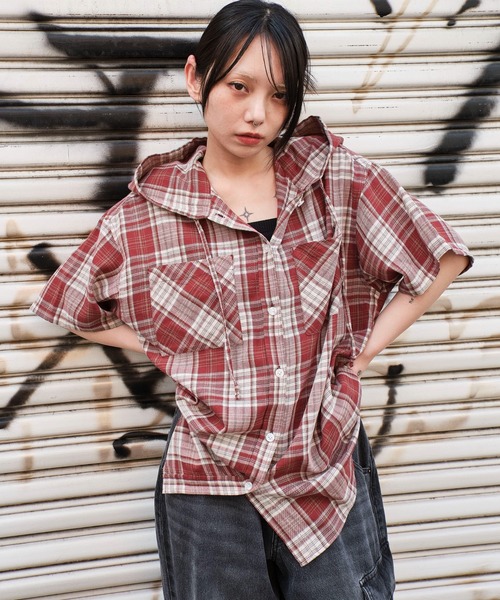 WEGO（ウィゴー）の「WEGO/フードチェックBIGシャツ（シャツ/ブラウス・レディース・ネイビー/ブラック/レッド・FREE）」の22枚目の写真