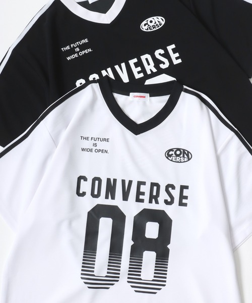 CONVERSE(コンバース)の「CONVERSE/コンバース 接触冷感/UVカット/吸水速乾/耐塩素 アムンゼン オーバーサイズ ロゴ オールスター ユニフォームデザイン サッカーゲームシャツ リンガー Vネック 半袖Tシャツ/レディース メンズ(Tシャツ/カットソー・レディース・ホワイト系その他2/ブラック系その他3/ブラック系その他/ブラック系その他2/ブラック/ホワイト系その他3/ホワイト/ホワイト系その他・M/L/LL)」の3枚目の写真