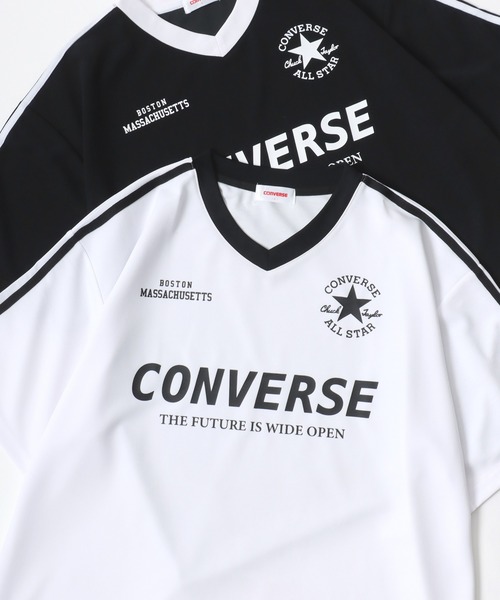 CONVERSE(コンバース)の「CONVERSE/コンバース 接触冷感/UVカット/吸水速乾/耐塩素 アムンゼン オーバーサイズ ロゴ オールスター ユニフォームデザイン サッカーゲームシャツ リンガー Vネック 半袖Tシャツ/レディース メンズ(Tシャツ/カットソー・レディース・ホワイト系その他2/ブラック系その他3/ブラック系その他/ブラック系その他2/ブラック/ホワイト系その他3/ホワイト/ホワイト系その他・M/L/LL)」の2枚目の写真