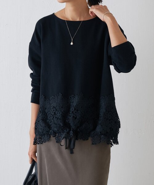 BEARDSLEY ビアズリー　裾レース　ニット　黒　ブラック 裾レースコットンニットソー（ニット/セーター）｜BEARDSLEY