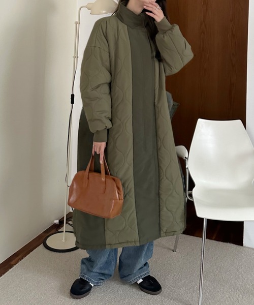 Eclat one(エクラワン)の「【Eclat one】スタンドネック キルト 中綿 ロングコート(ダウンジャケット/コート・レディース・アイボリー/カーキ/ブラック・M/L)」の8枚目の写真