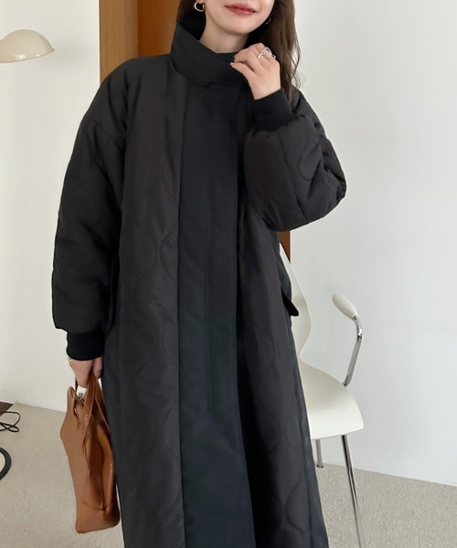 ワンダフルワールド ピコフリル マキシ丈 キルティング ロングコート 黒 セール】【Eclat one】スタンドネック キルト 中綿 ロングコート