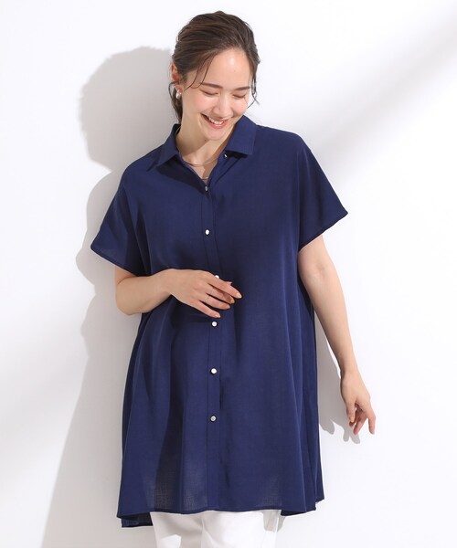 SHOO・LA・RUE（シューラルー）の「【S-LL/体型カバー】さらりとしたタッチが心地よい バックギャザーブラウス（チュニック・レディース・ネイビー/ライトオレンジ系/ライトベージュ・04/02/01/03）」の8枚目の写真