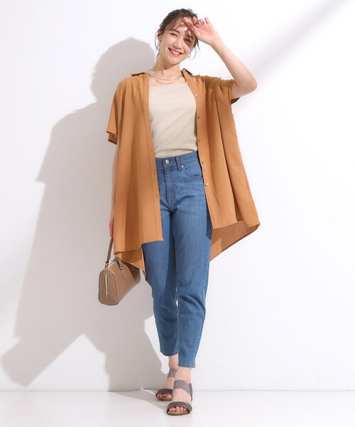 SHOO・LA・RUE（シューラルー）の「【S-LL/体型カバー】さらりとしたタッチが心地よい バックギャザーブラウス（チュニック・レディース・ネイビー/ライトオレンジ系/ライトベージュ・04/02/01/03）」の14枚目の写真