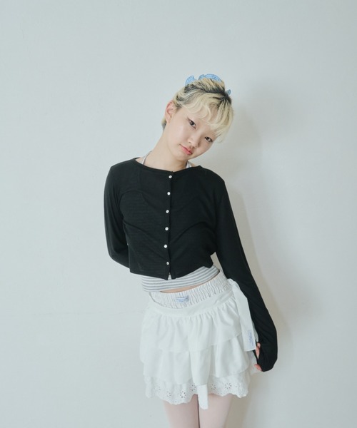 Smyeon（スミョン）の「Long sleeve sheer cardigan/ロングスリーブカットカーディガン（カーディガン/ボレロ・レディース・グレー/ブラック/ライトブルー・FREE）」の4枚目の写真