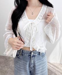 フリルリボンレース長袖カーディガン