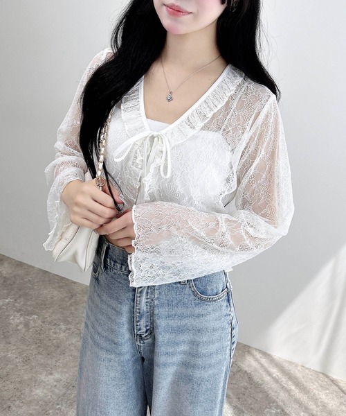 INGNI（イング）の「フリルリボンレース長袖カーディガン（カーディガン/ボレロ・レディース・ブラック/オフホワイト/モカ・M）」の4枚目の写真