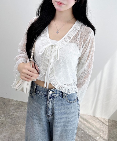 INGNI（イング）の「フリルリボンレース長袖カーディガン（カーディガン/ボレロ・レディース・ブラック/オフホワイト/モカ・M）」の5枚目の写真