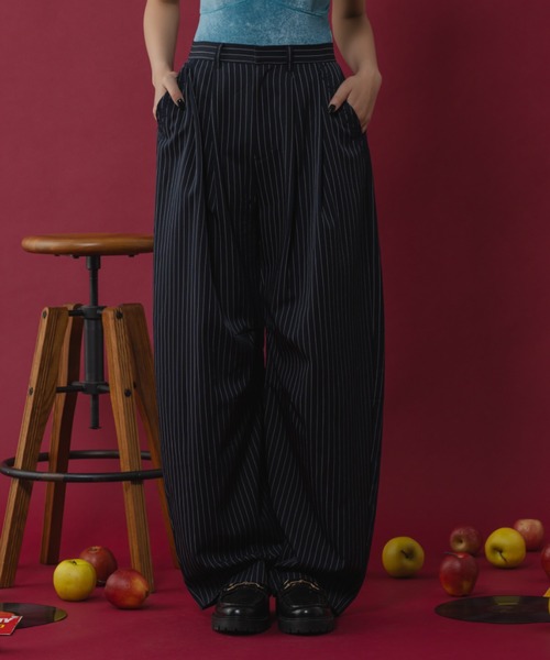 セール】Embroidery logo stripe balloon slacks -刺繍ロゴストライプ