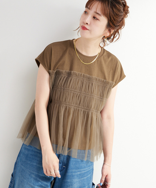 B.C STOCK(ベーセーストック)の「【WEB限定】手洗い可 / チュールドッキングプルオーバー(Tシャツ/カットソー・レディース・ブラック/ブルー/ホワイト/ブラウン・FREE)」の3枚目の写真