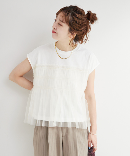 B.C STOCK(ベーセーストック)の「【WEB限定】手洗い可 / チュールドッキングプルオーバー(Tシャツ/カットソー・レディース・ブラック/ブルー/ホワイト/ブラウン・FREE)」の7枚目の写真