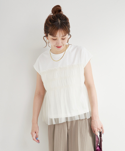 B.C STOCK(ベーセーストック)の「【WEB限定】手洗い可 / チュールドッキングプルオーバー(Tシャツ/カットソー・レディース・ブラック/ブルー/ホワイト/ブラウン・FREE)」の8枚目の写真