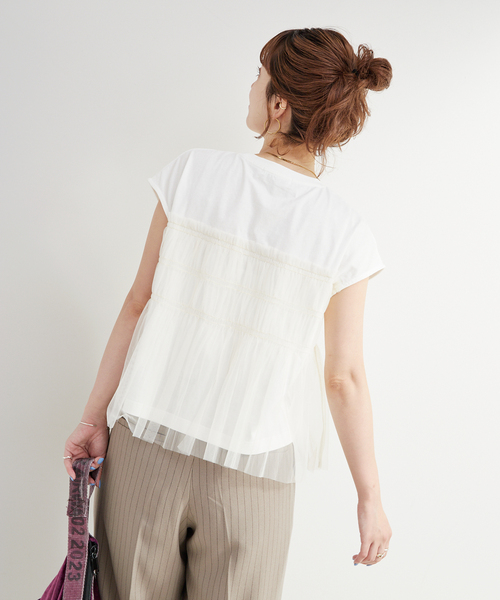 B.C STOCK(ベーセーストック)の「【WEB限定】手洗い可 / チュールドッキングプルオーバー(Tシャツ/カットソー・レディース・ブラック/ブルー/ホワイト/ブラウン・FREE)」の10枚目の写真