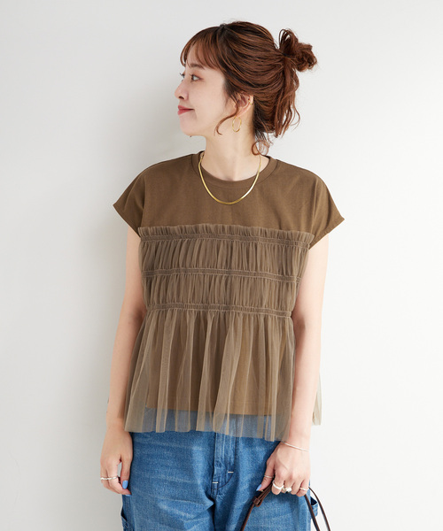 B.C STOCK(ベーセーストック)の「【WEB限定】手洗い可 / チュールドッキングプルオーバー(Tシャツ/カットソー・レディース・ブラック/ブルー/ホワイト/ブラウン・FREE)」の14枚目の写真